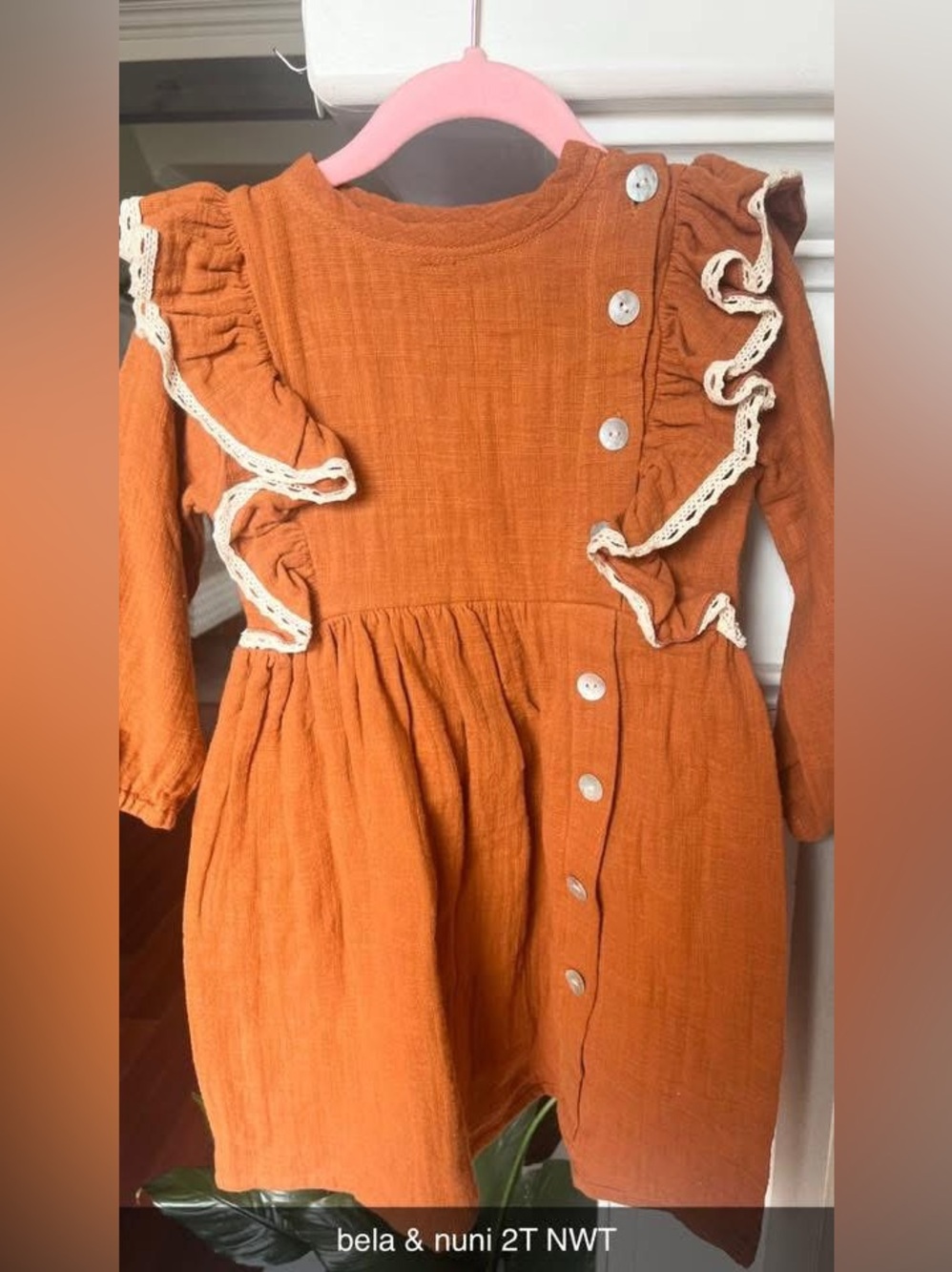 Rust Orange Ruffle Button-Front Kids Dress